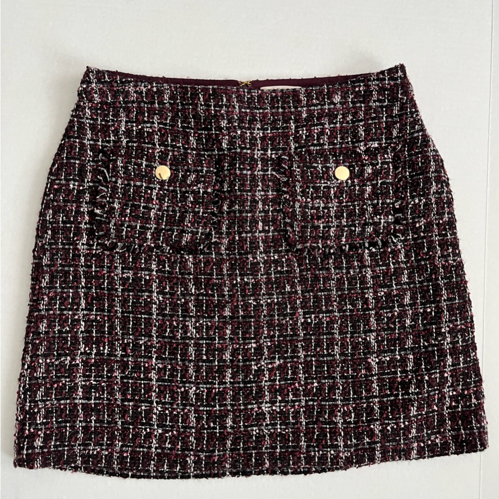 LOFT Tweed Mini Skirt Gold Button Front Pocket 8 Petite